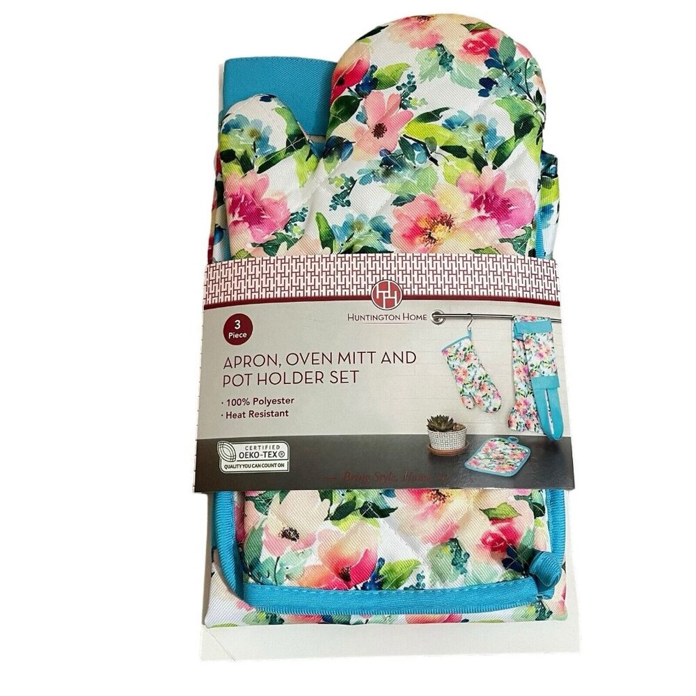 Huntington Home 3 Piece Apron Oven Mitt Potholder Set Floral